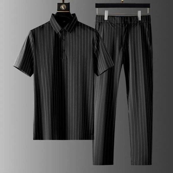 Boys Black Pinstripe Short-Sleeve Polo Shirt and Trousers