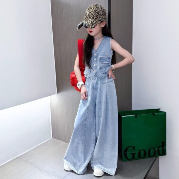 Girls' Trendy Denim Vest Top and Palazzo Pants