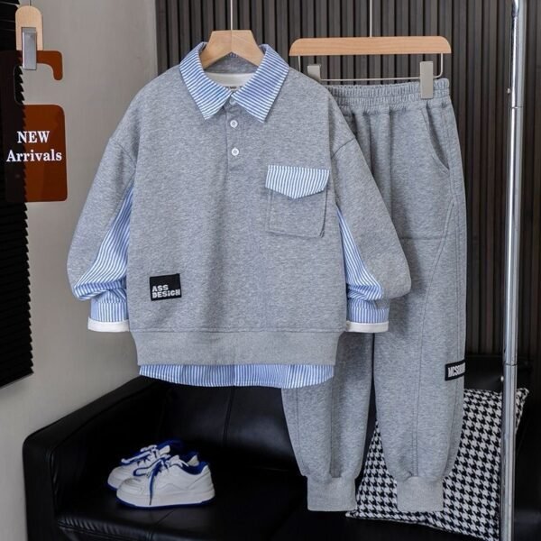 Boys Gray Sweatshirt with Striped Collared Layer & Joggers