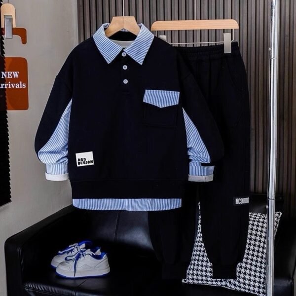 Boys Black Sweatshirt with Striped Collared Layer & Joggers