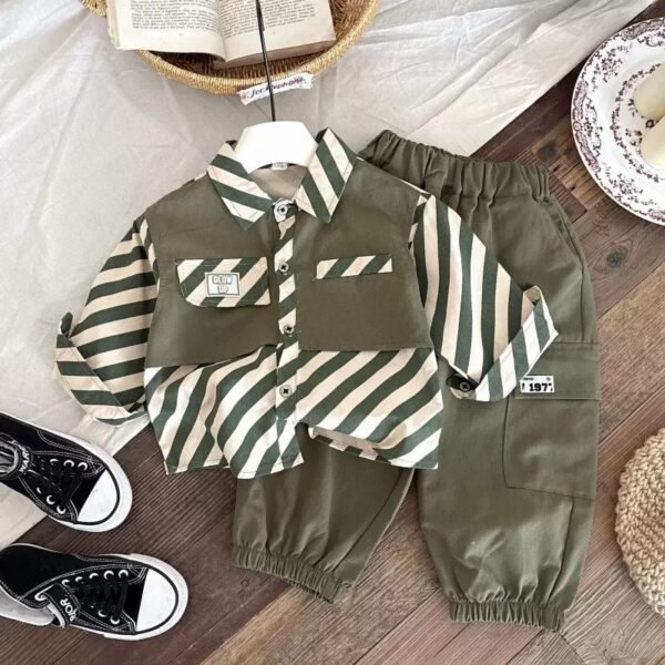 Boys' Green Stripe & Solid Patchwork Shirt and Cargo Pants Set
