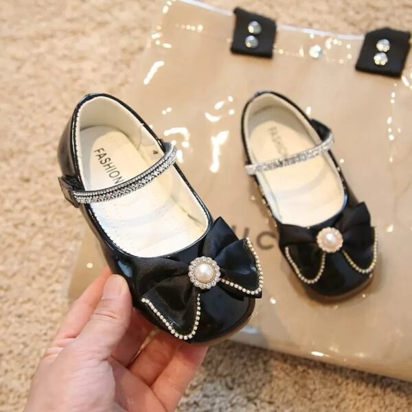 Kids' Sparkle Bow Black Strap Flats