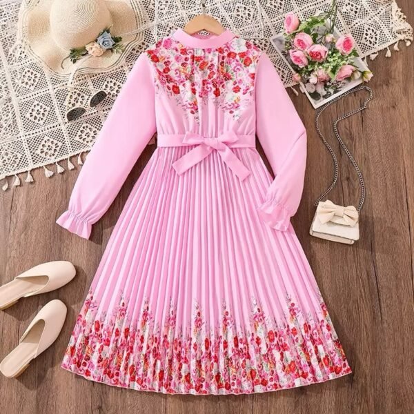 Girls' Pink Floral Print Pleated Long Sleeve Dress with Belt