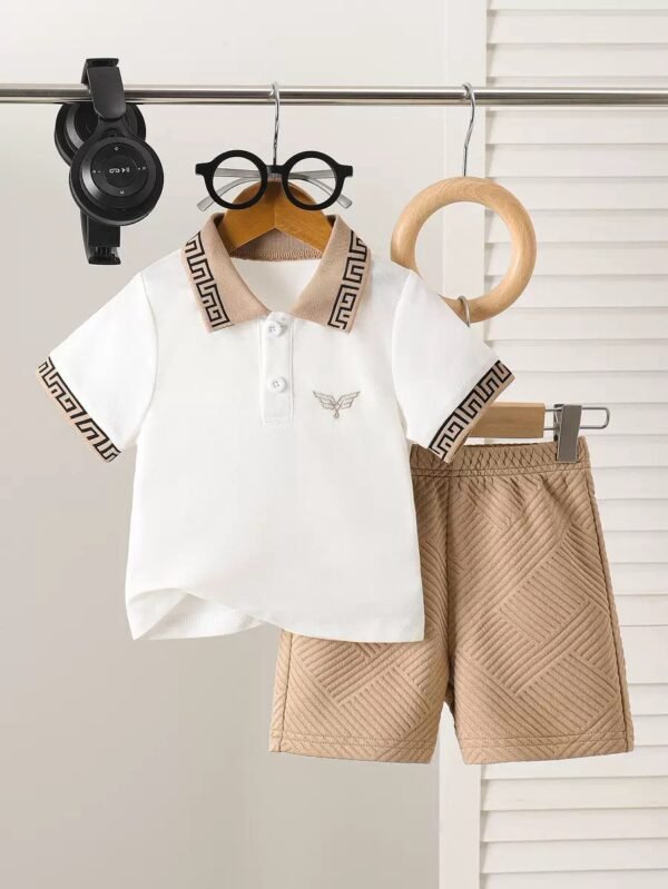 Kids' Tan & White Short Sleeve Polo Shirt and Textured Shorts