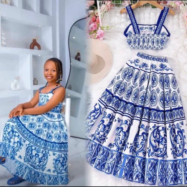Girls' Blue & White Tile Print Crop Top & Long Maxi Skirt Set