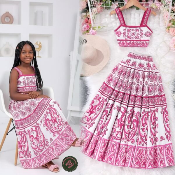 Girls' Pink & White Tile Print Crop Top & Long Maxi Skirt Set