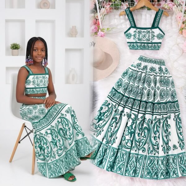 Girls' Green & White Tile Print Crop Top & Long Maxi Skirt Set