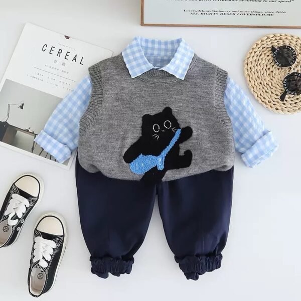 Baby Boy's Cute Black Knitted Vest, Plaid Shirt, and Navy Trousers Set