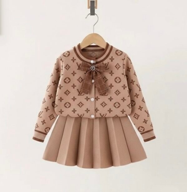 Girls' Festive Khaki Knit Cardigan and Pleated Skirt 2PC Set with Bow Detail