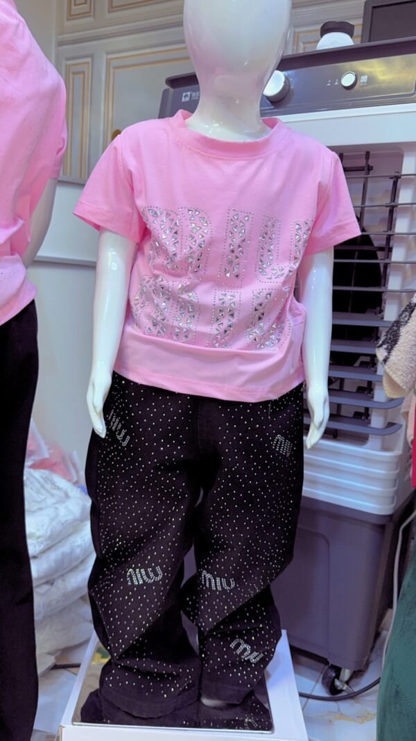 Girls' Pink Rhinestone MIU MIU-Style Tee & Studded Black Wide-Leg Pant Set