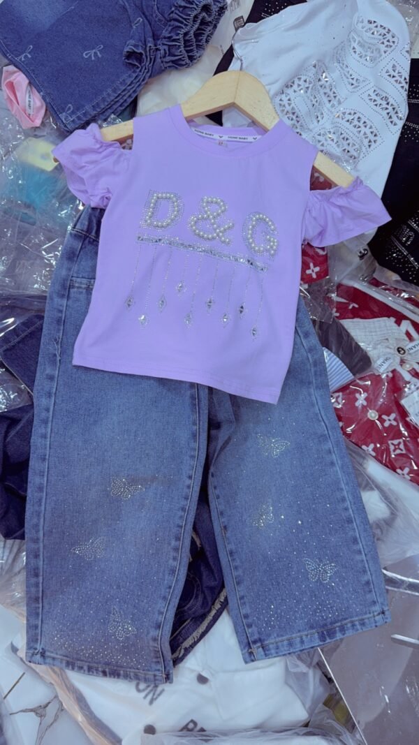 Honey Baby D&G-Style Pearl & Jewel Sleeveless Top & Butterfly Glitter Denim Set (Lavender)