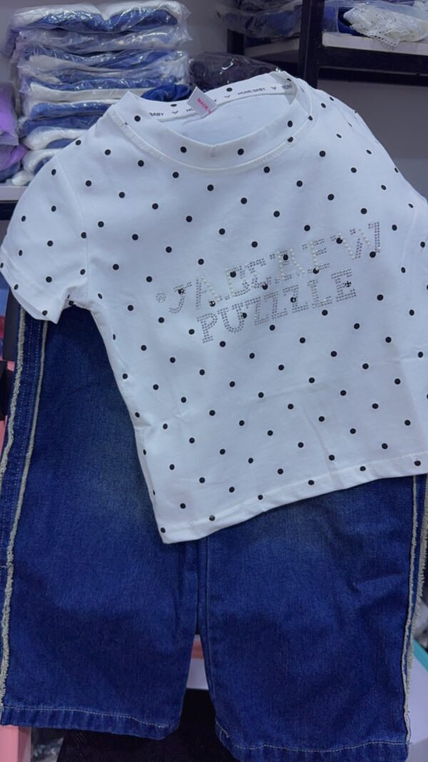 Girls' Polka Dot Rhinestone Tee & Style Denim Pant Set
