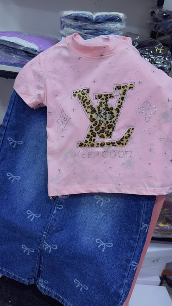 Girls' Rhinestone Leopard LV-Style Top & Bow Print Wide-Leg Denim Set