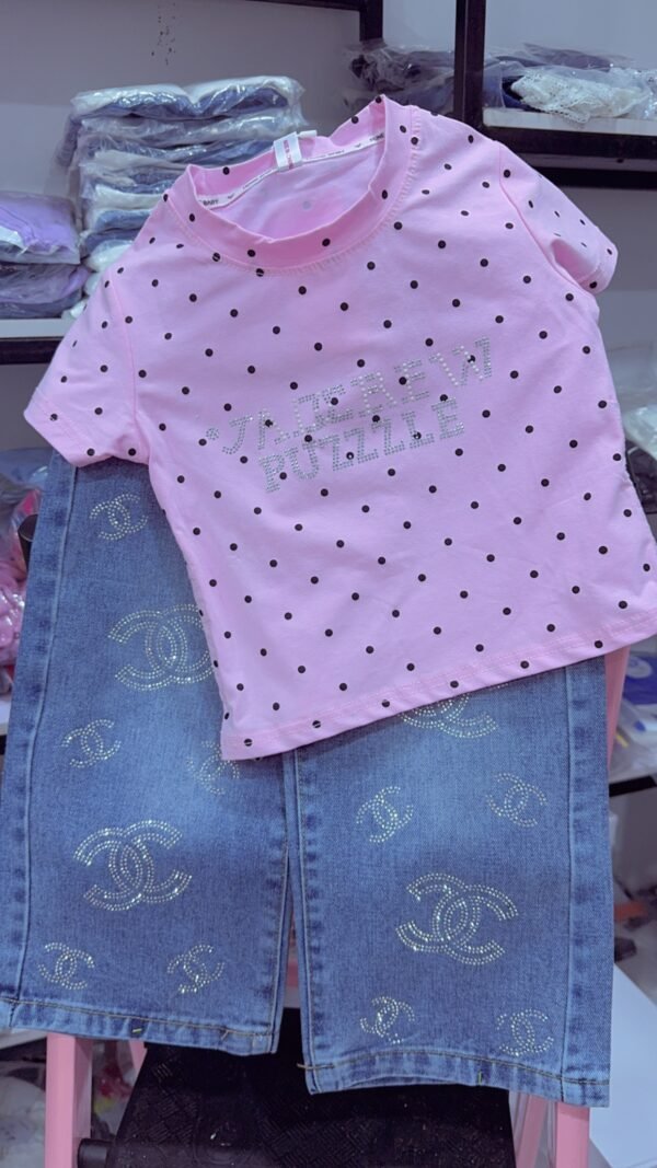 Toddler Girls' Polka Dot Rhinestone Tee & Sparkle CC-Style Denim Pant Set