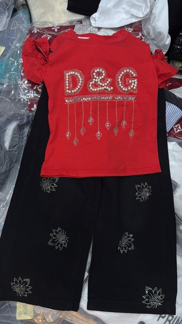 Red D&G-Style Pearl & Jewel Top & Rhinestone Flower Black Wide-Leg Pant Set