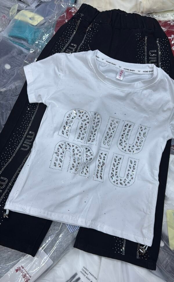 White Rhinestone MIU MIU-Style T-Shirt with MIU MIU Black Pants
