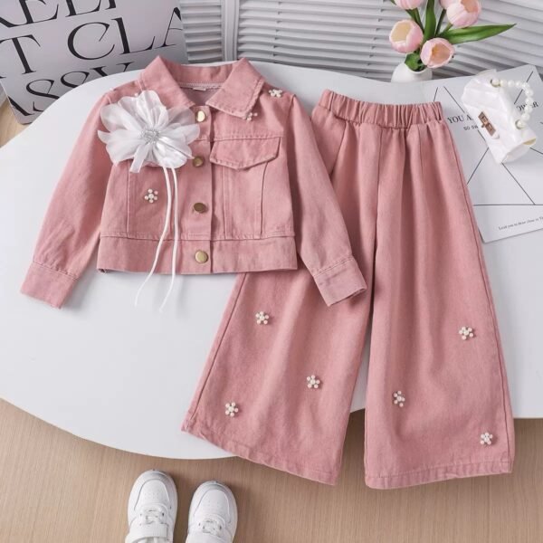 Girl's Pink Denim Jacket with Flower Applique and Wide-Leg Pearl Pants Set