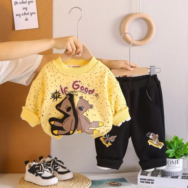 Kids' Bright Yellow 'Good' Bear Graphic Sweatshirt and Black Jogger Pants Set