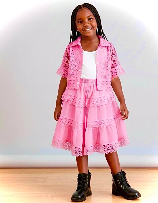 Girls' Pink Lace Tiered Skirt & Top Set