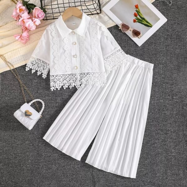 Elegant Girl's White Lace Ruffle Trim Top and Pleated Palazzo Pants 2-Piece Set
