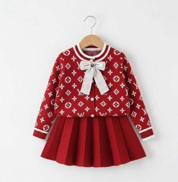 Girls' Festive Red Knit Cardigan and Pleated Skirt 2PC Set with Bow Detail