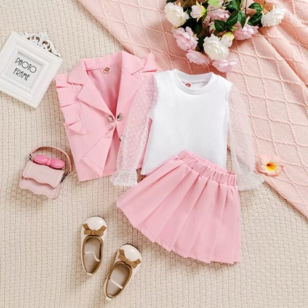 Baby Girl's Stylish 3PC Pink Ruffle Blazer, White Ribbed Top, and Pleated Skirt Outfit