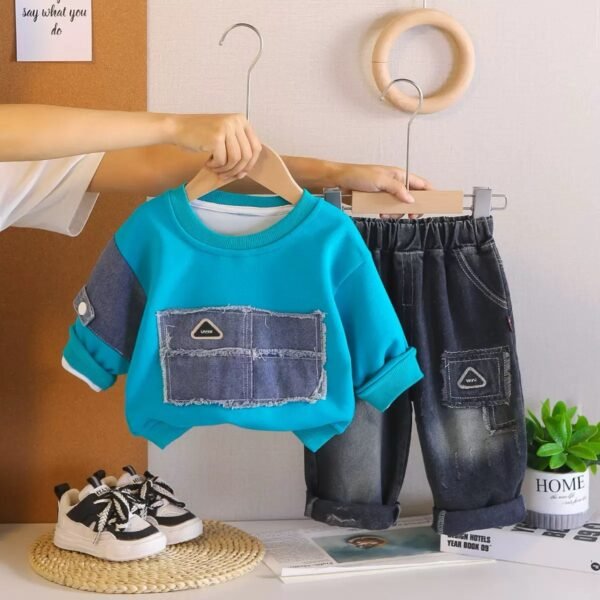 Blue shirt with Denim Pockets and Washed Jeans 2PC Set