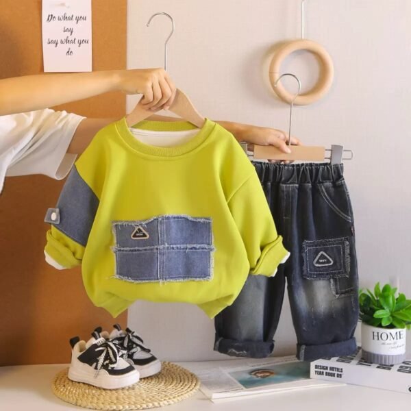 Lime Green Block Sweatshirt with Patchwork Denim Jeans Set