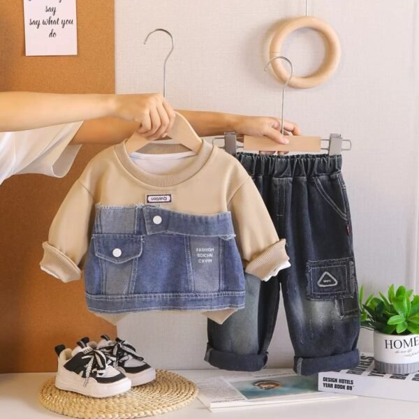 Trendy Boy's Khaki & Denim Block Sweatshirt and Jeans Outfit Set