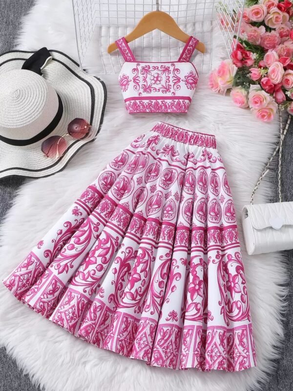 Girls' Pink & White Tile Print Crop Top & Long Maxi Skirt Set Copy