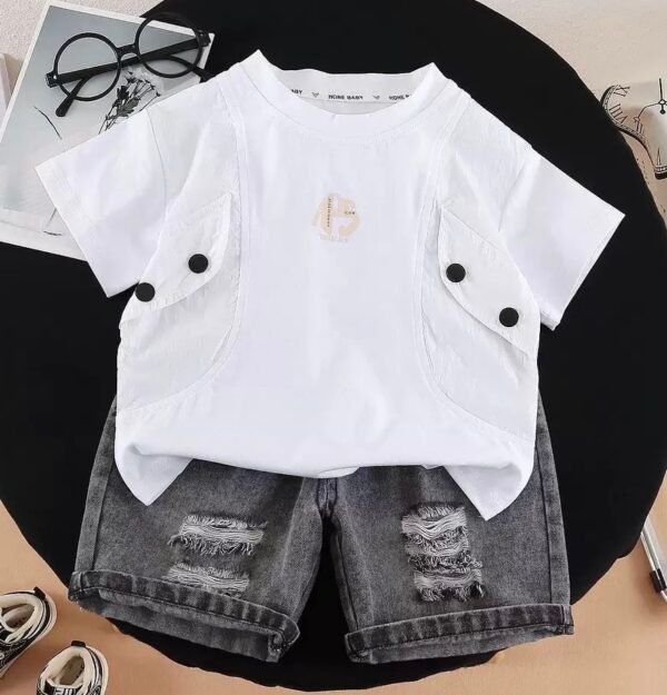 Stylish White Kids' T-Shirt with Denim Shorts Set