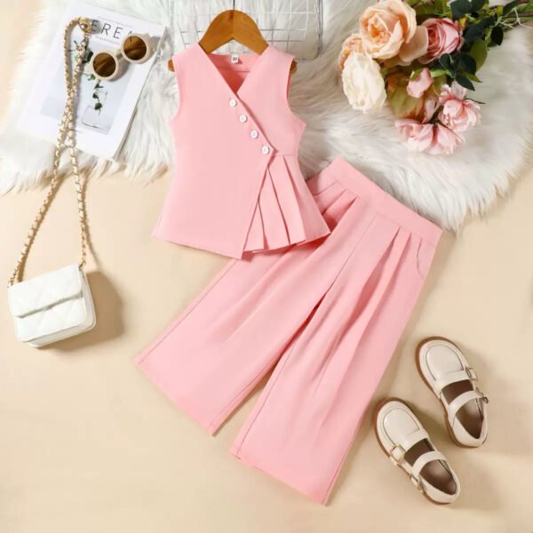 Girls' 2-Piece Pink Button Top & Trouser Set