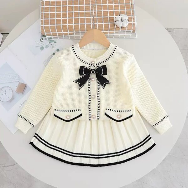 Girls' Cream Knit Top & Pleated Skirt Boutique Set