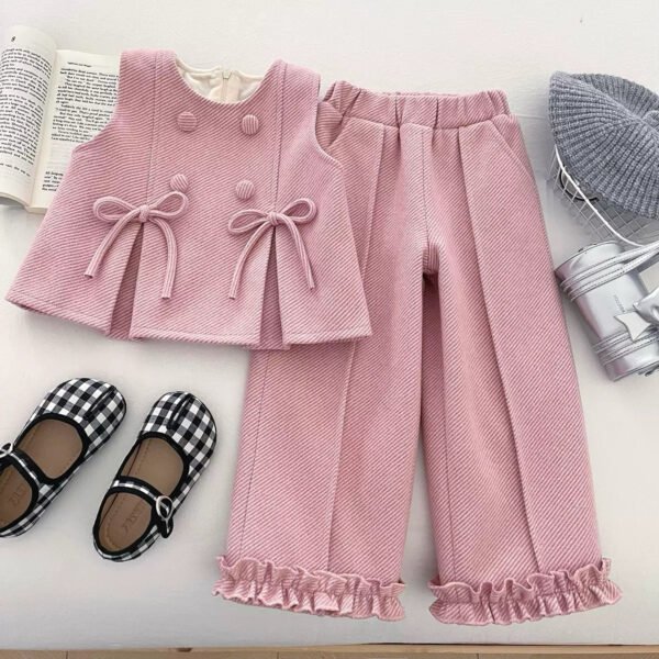 Girls Pink Tweed Bow & Ruffle Pant Set