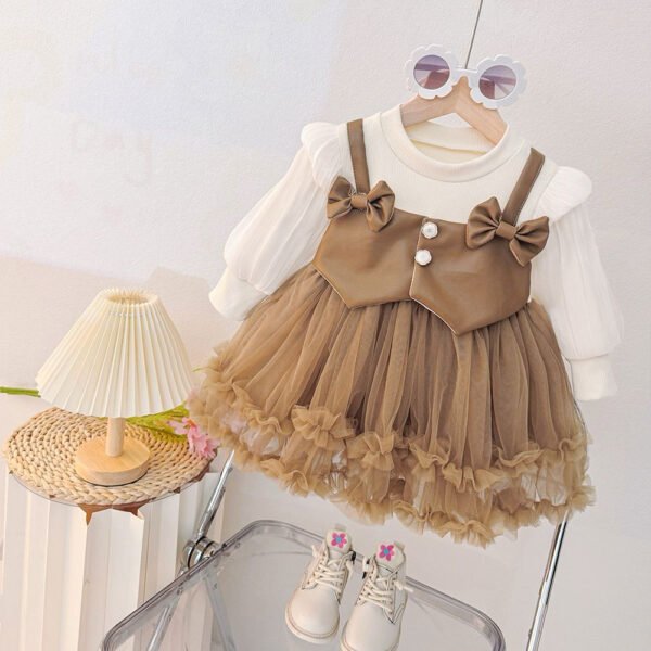 Toddler Long Sleeve White Blouse with Brown Tulle Bow Dress