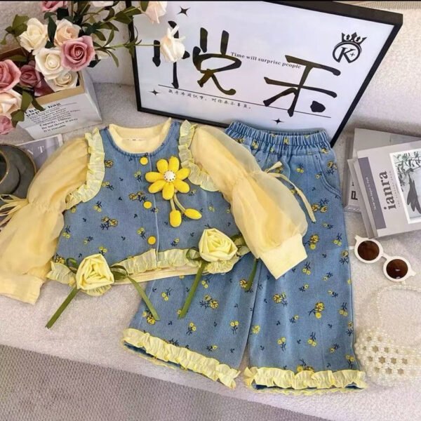 Girls' 3pcs Floral Denim Vest & Sheer Sleeve Pant Set