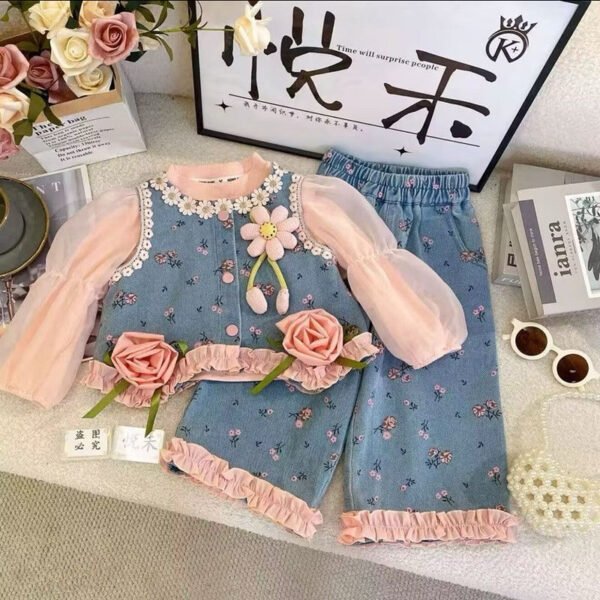 Girls' 3pcs Floral Denim Vest & Sheer Sleeve Pant Set