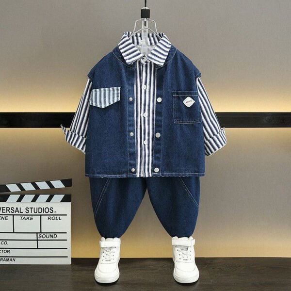 Boys' 3pcs Classic Blue Denim Vest & Striped Shirt Combo