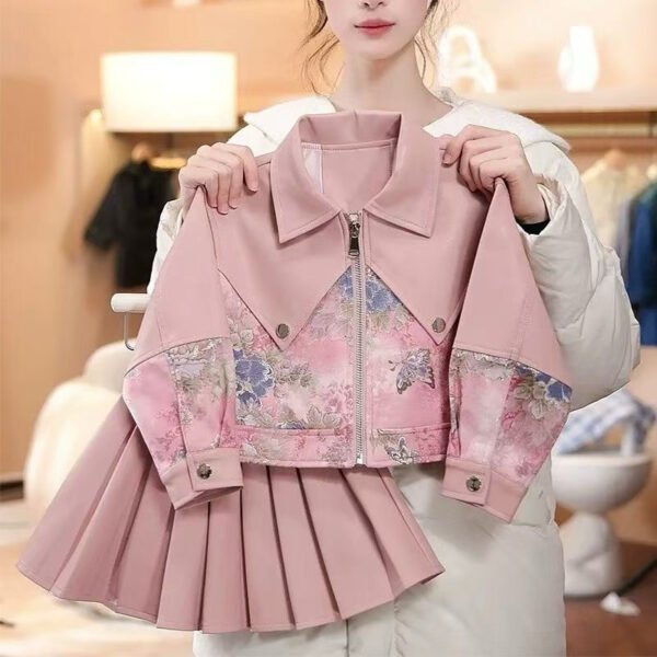 Girls' Faux Floral Brocade Biker Jacket & Pleated Skirt