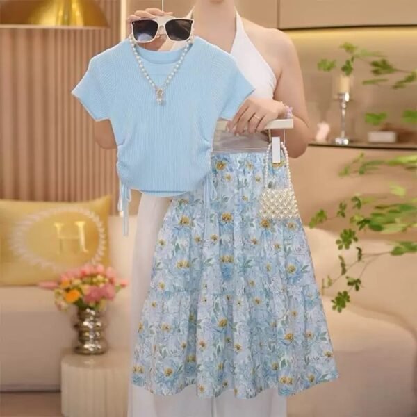 Baby Blue Ruched Top & Floral Midi Skirt Set