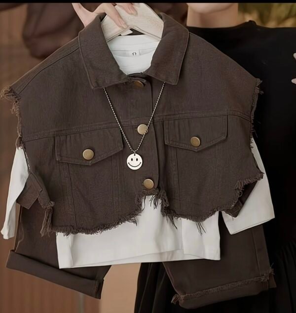 Kids' Raw-Hem Denim Vest & Top & Trouser 3pcs Set