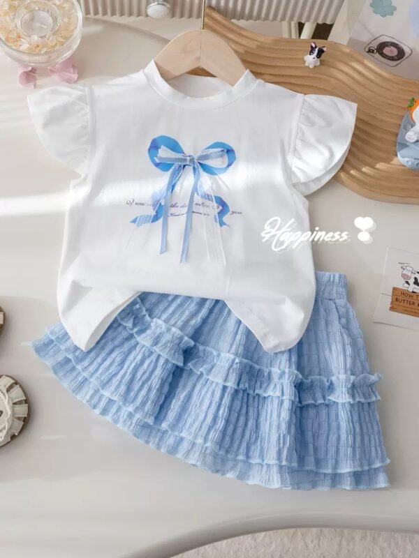 Girls’ Flutter Sleeve Bow Top and Blue Ruffle Skirt Set
