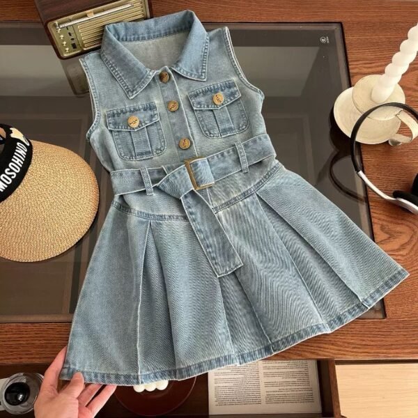 Girls’ Sleeveless Pleated Denim Mini Dress with Belt
