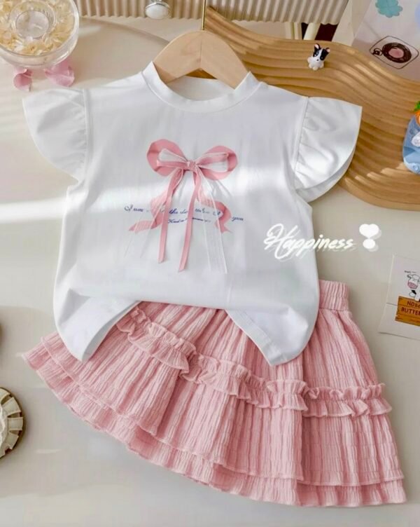 Girls’ Flutter Sleeve Bow Top and Pink Ruffle Skirt Set