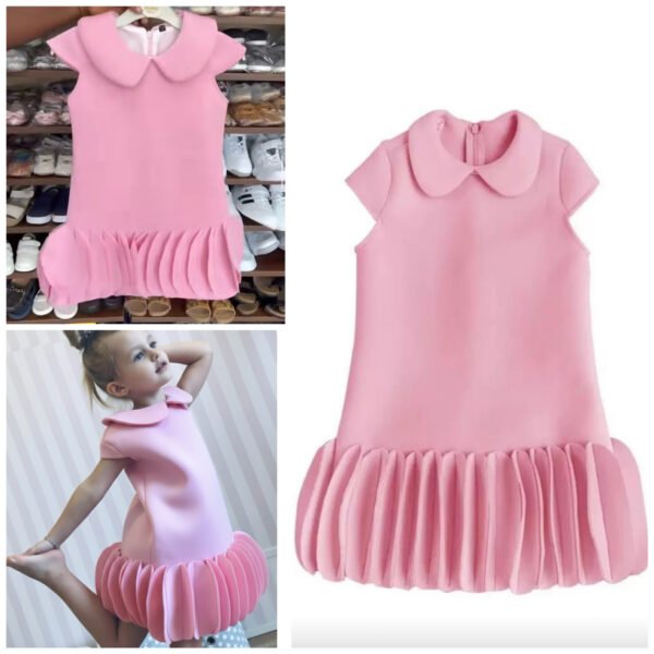 Girls’ Trendy Pink Dress with Sculptural Pleated Hem