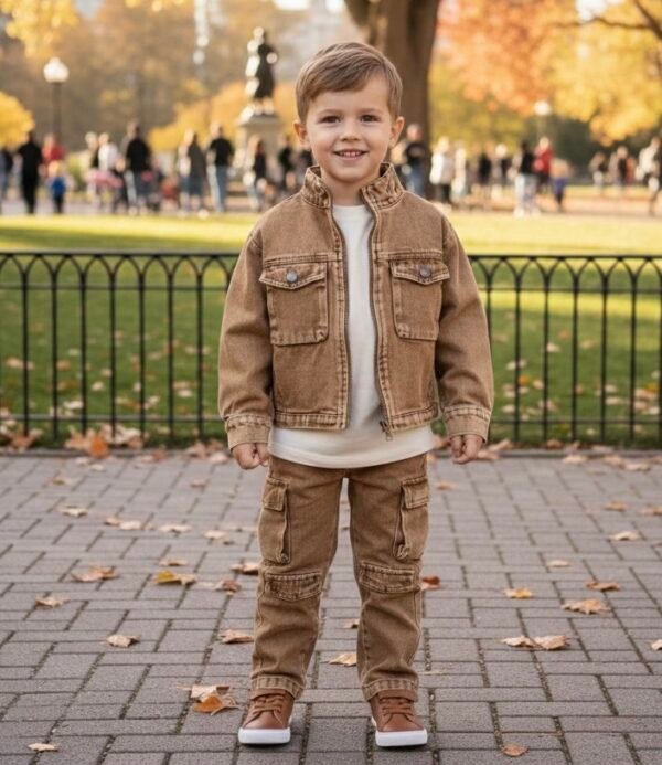 Boys’ Tan Denim Jacket and Matching Cargo Pants Set