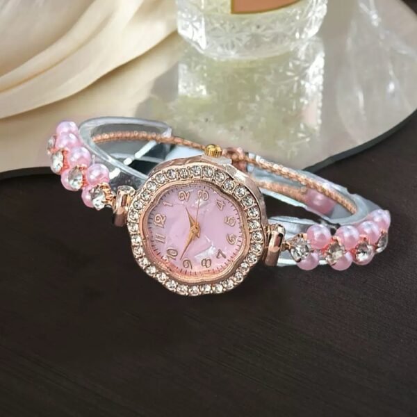 Rose Gold Rhinestone and Pink Pearl Bangle Watch
