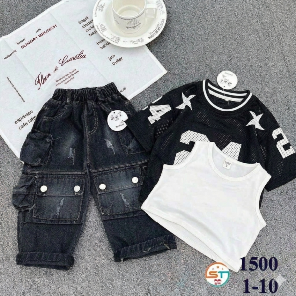 Kids' 3-Piece Cargo Jeans & Layered Jersey/Tank Top Set