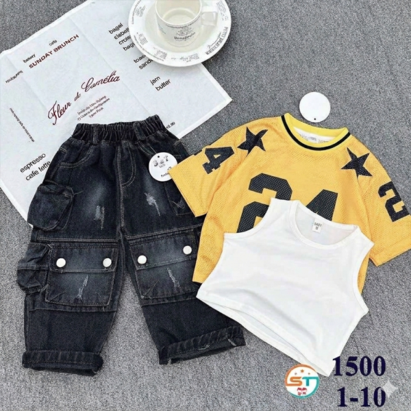 Kids' 3-Piece Cargo Jeans & Layered Jersey/Tank Top Set