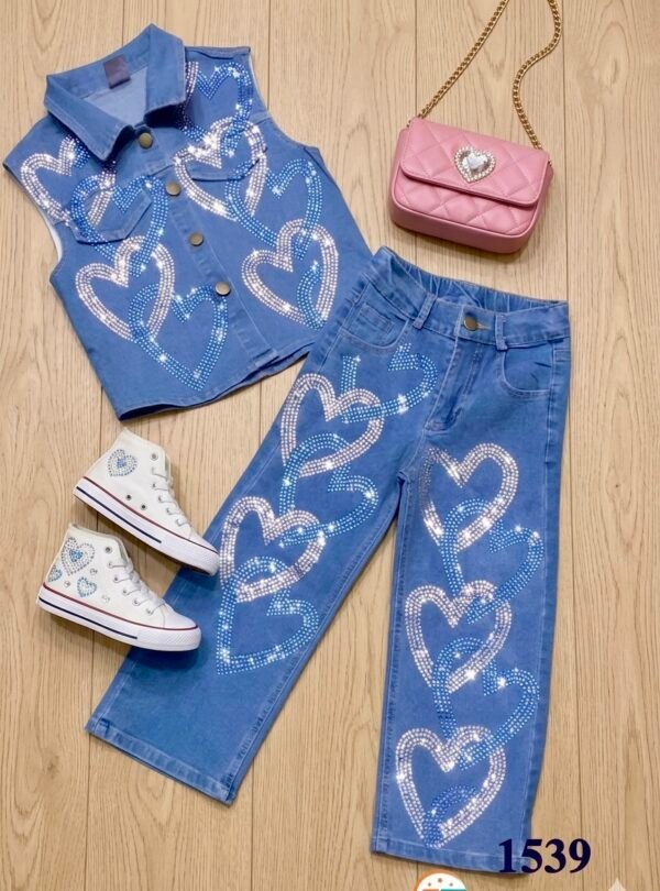 Girls' Heart Rhinestone Denim Vest & Jeans 2-Piece Set